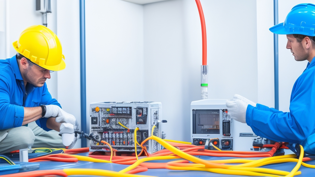 Biztonsági bemutató jelenet hősugárzó karbantartással elektromos csatlakozások ellenőrzésével multiméterrel professzionális környezetben