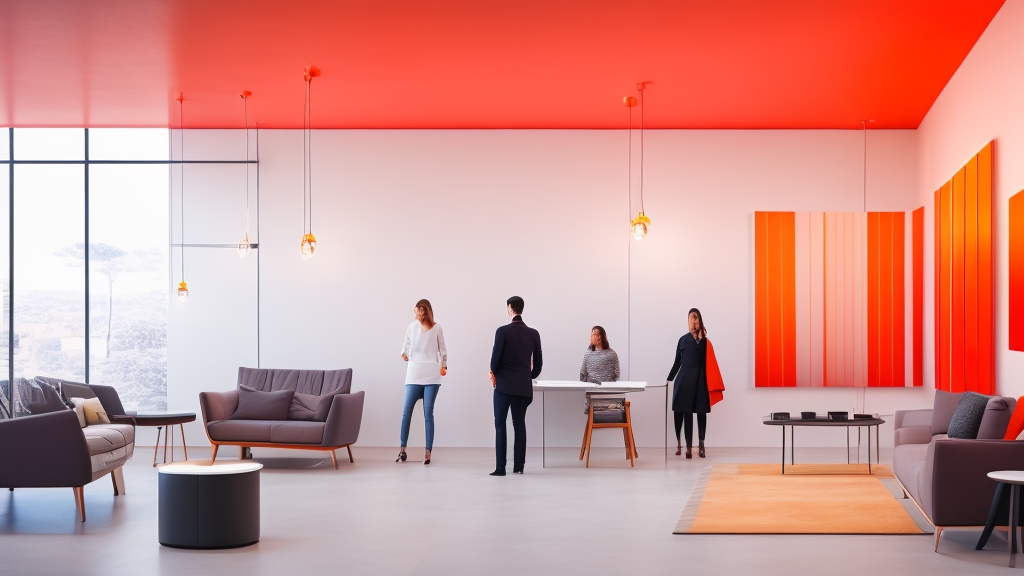 Infraszugárzó panelek bemutatása modern minimalista szobában falra és mennyezetre szerelt infrafűtőkkel hőhullám vizualizációval