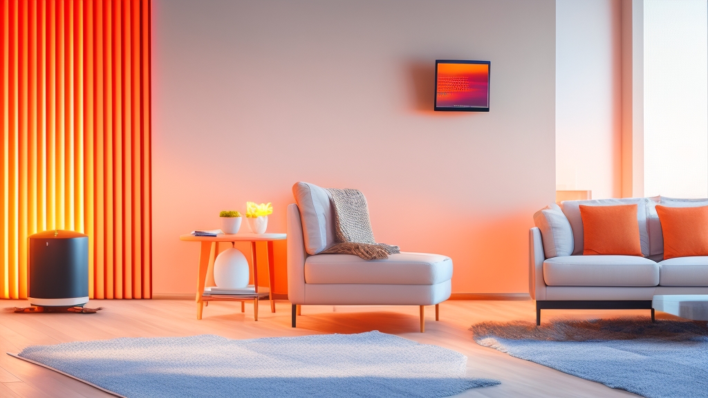 Modern infraszugárzó elegáns nappaliban hőhullámok vizualizációjával kényelmes olvasó személy mellett