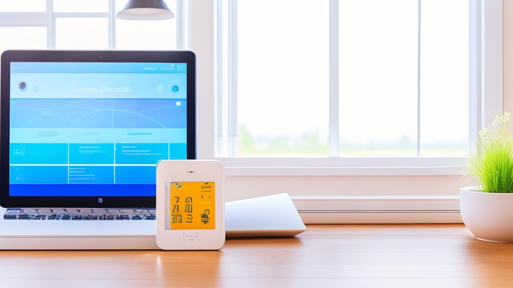 Okos otthon fűtésvezérlő interfész tableten energiafogyasztási grafikonokkal és hőmérséklet ütemezéssel modern nappali háttérrel